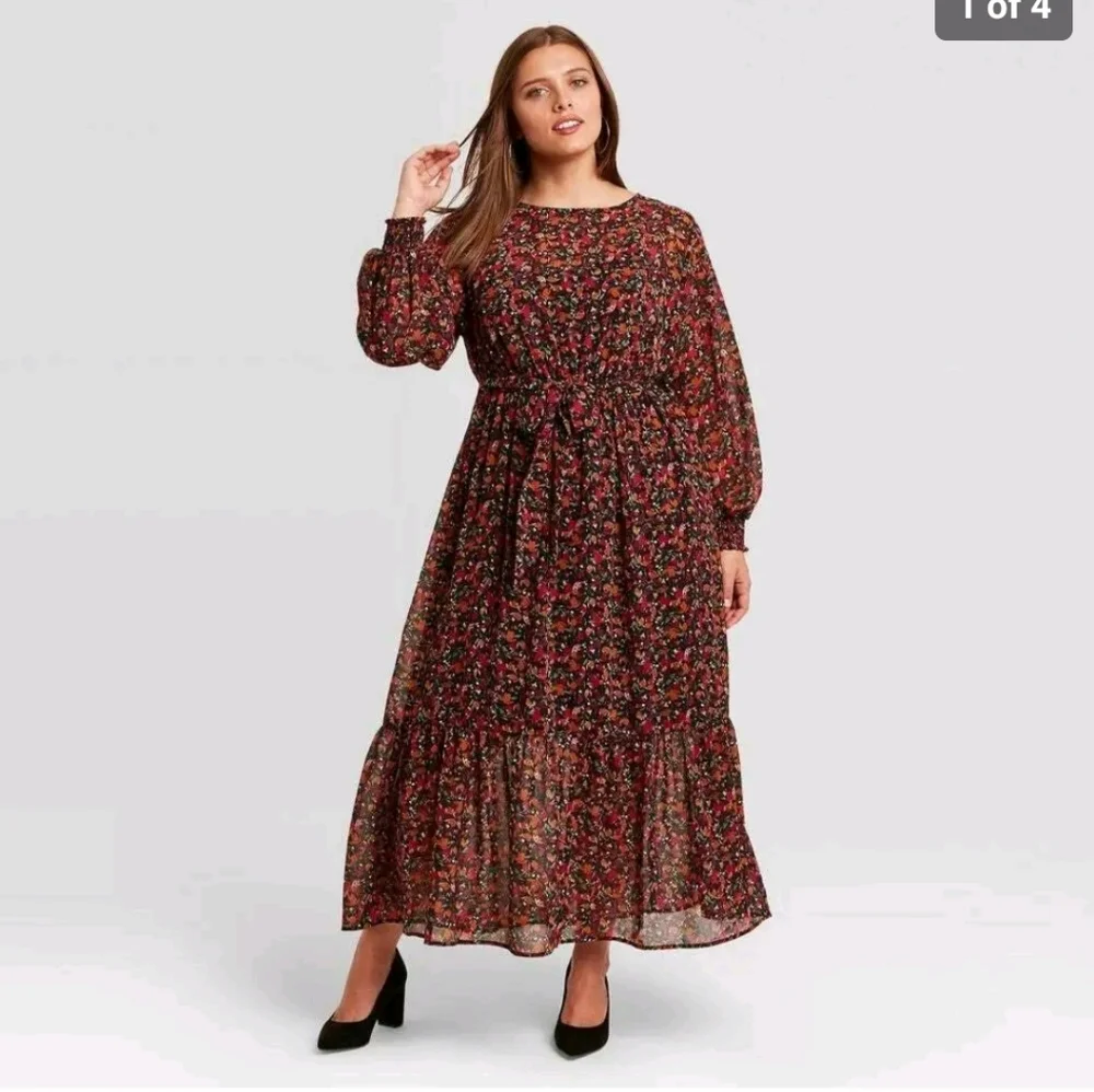 ava and viv maxi dress Ava & Viv Maxi Dress 1X Black Floral Mesh Long Sleeve V-neck